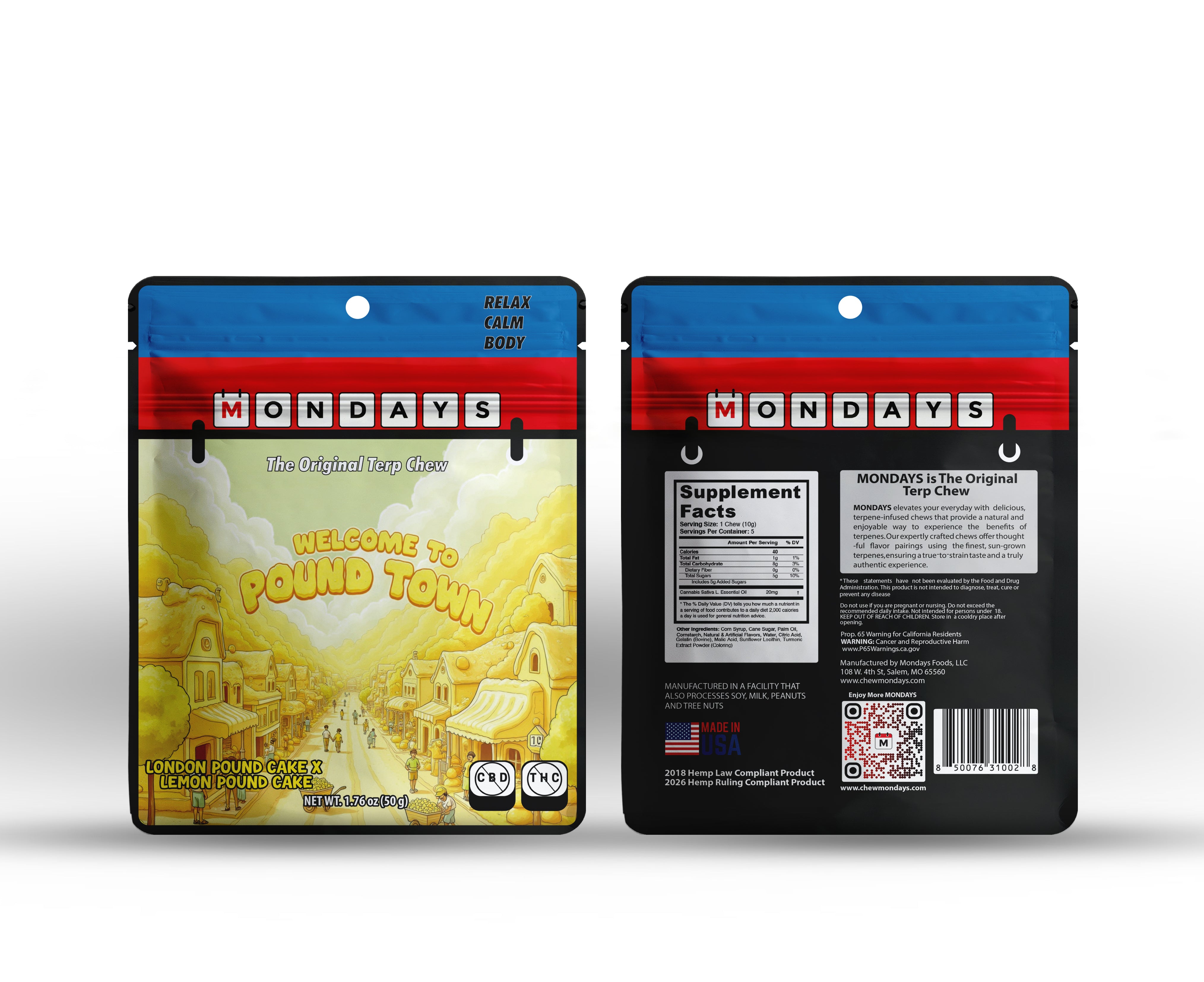 Two packages of 'Mondays' product, one colorful and one black with text, on a white background.